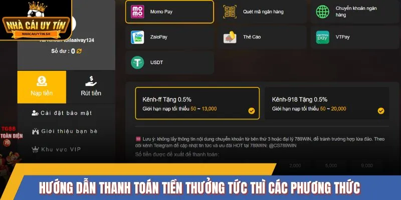 Hướng dẫn thanh toán tiền thưởng tức thì các phương thức